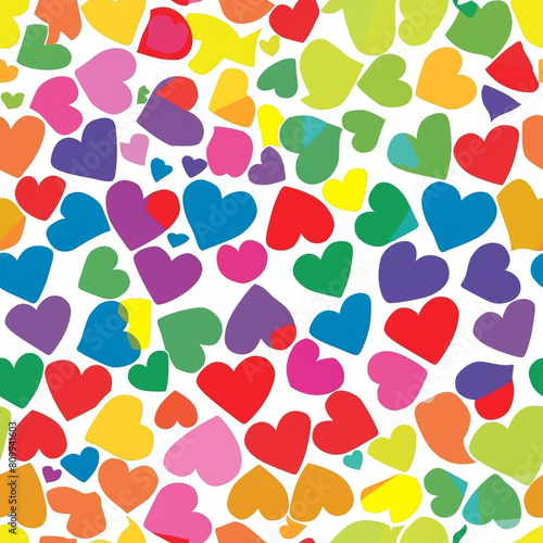 Seamless pattern of heart shapes in rainbow colors on white background