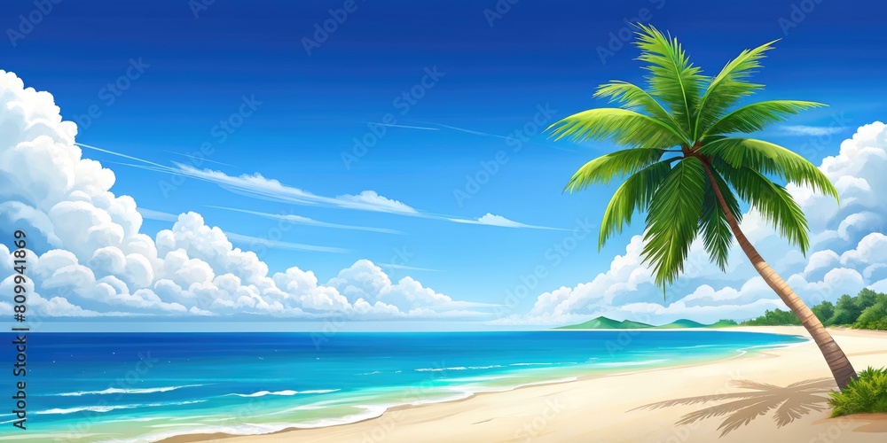 Tropical beach with palm tree and sand.