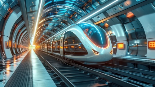 A futuristic train is traveling through a tunnel