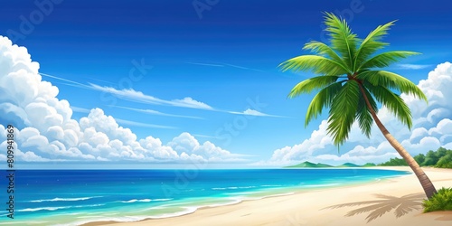 Tropical beach with palm tree and sand. © tnihousestudio