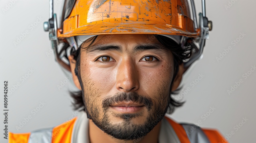 Asia man construction worker wearing a helmet on grey background Asia man construction worker wearing a helmet on grey background