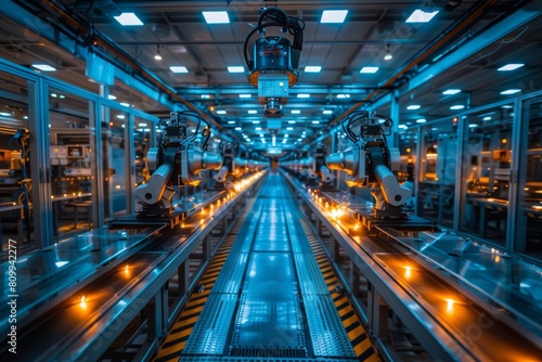Parallel robotic arms work simultaneously on a brightly lit, high-tech automated assembly line