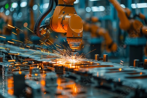 Close-up of a dynamic industrial laser cutter in action on metal sheets  producing bright orange sparks