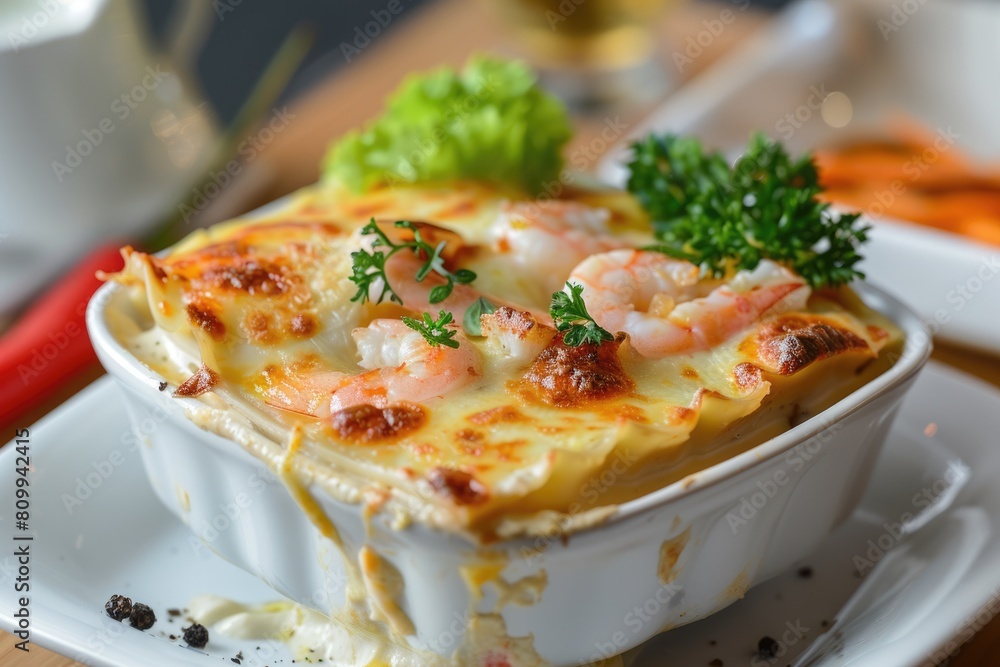 Plated Seafood Lasagna on White Background. Healthy Dish at Eatery with Prepared Recipe in a Bowl Plated Seafood Lasagna on White Background. Healthy Dish at Eatery with Prepared Recipe in a Bowl