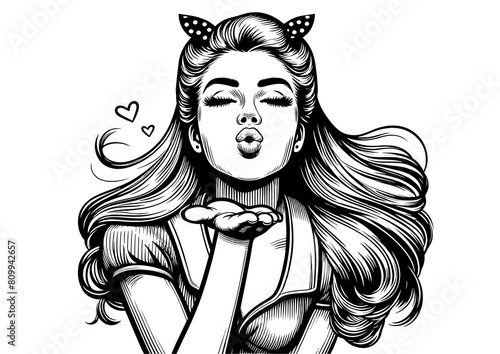 pin-up girl playfully blowing air kiss, perfect for romantic themes sketch engraving generative ai fictional character PNG illustration. Scratch board imitation. Black and white image.