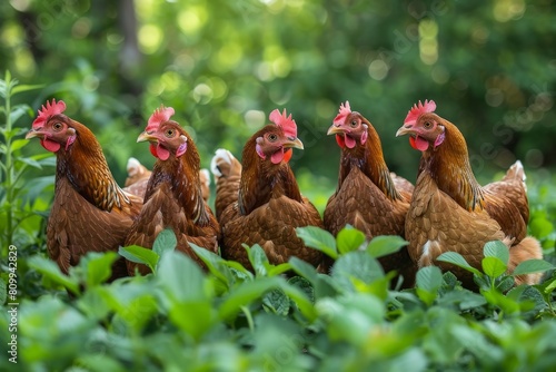 A flock of red chickens standing amongst vibrant green foliage showcasing the beauty of farm life