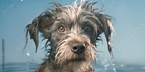 Wet disheveled shaggy dog on a blue background with space for text 4K Video photo