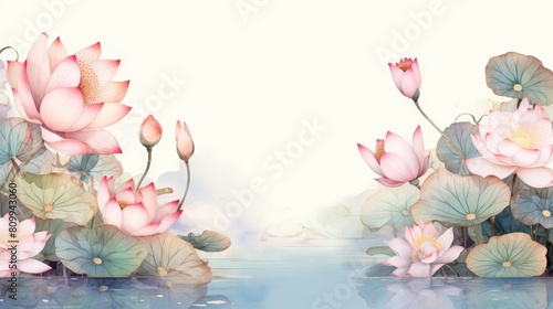 Elegant watercolor painting featuring a Japanese-style floral frame with intricate lotus flowers and gentle gold accents