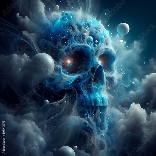 The image depicts a skull engulfed in blue flames, symbolizing a fusion of the macabre and the ethereal  photo