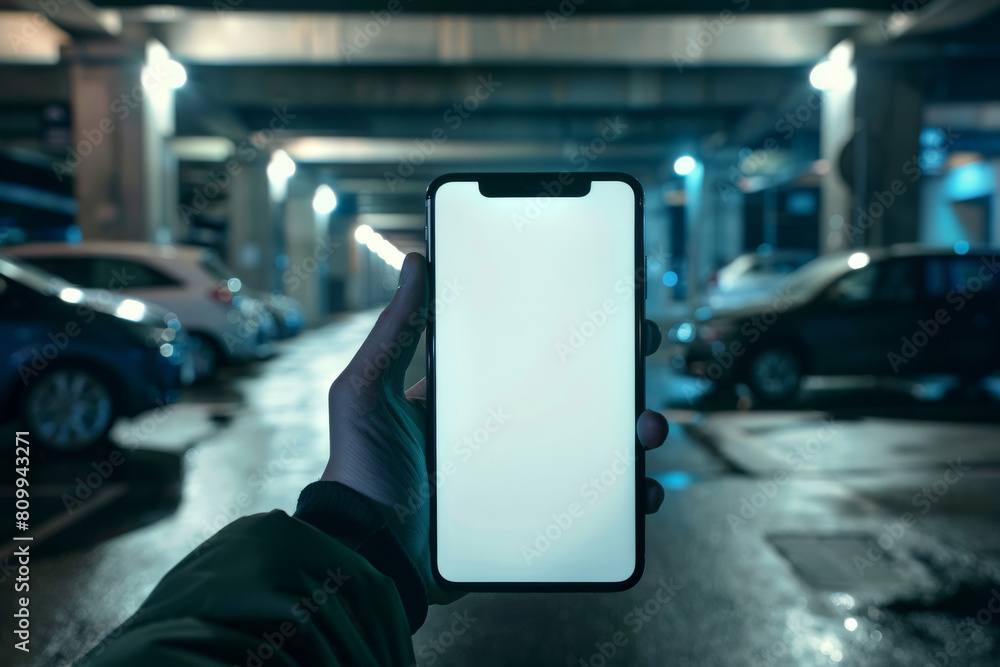 Hand holding smartphone with blank screen in parking lot, symbolizing easy online payment for car parking via mobile app Hand holding smartphone with blank screen in parking lot, symbolizing easy online payment for car parking via mobile app