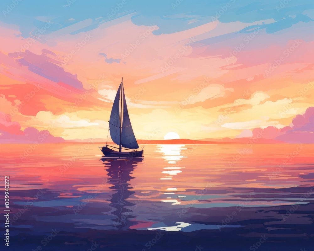 Fototapeta premium A picturesque scene illustration of lonely sailboat at sea during a colorful beach sunset, peaceful summer scene, soft color, watercolor backdrop