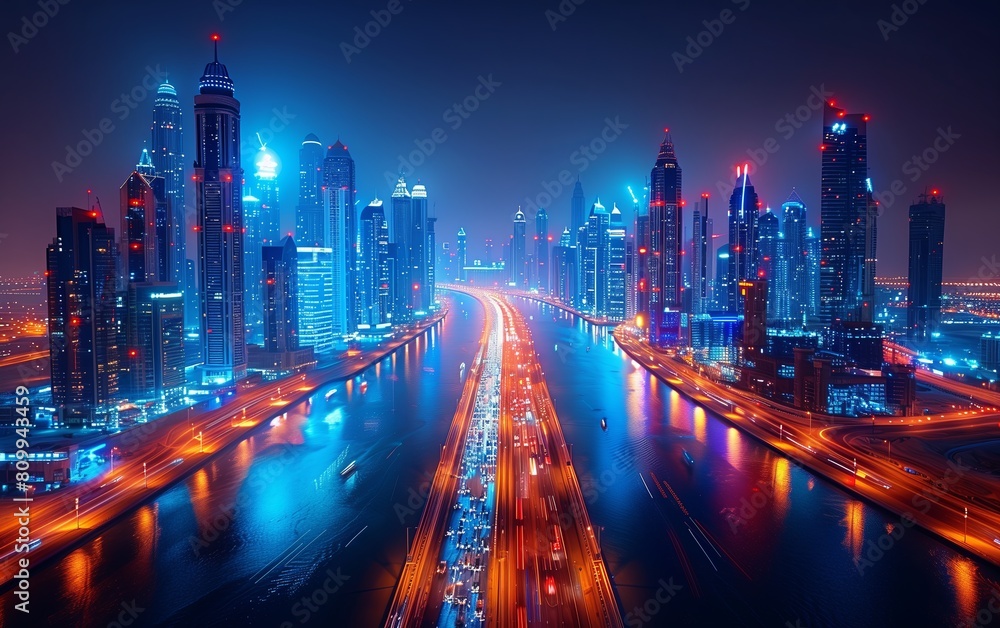 Futuristic Dubai businesses, age of technology, deep blue color