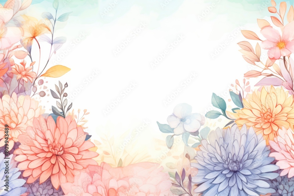 Soft watercolor illustration of a Japanese-style floral frame, highlighting gentle chrysanthemums in soothing colors, copyspace for text