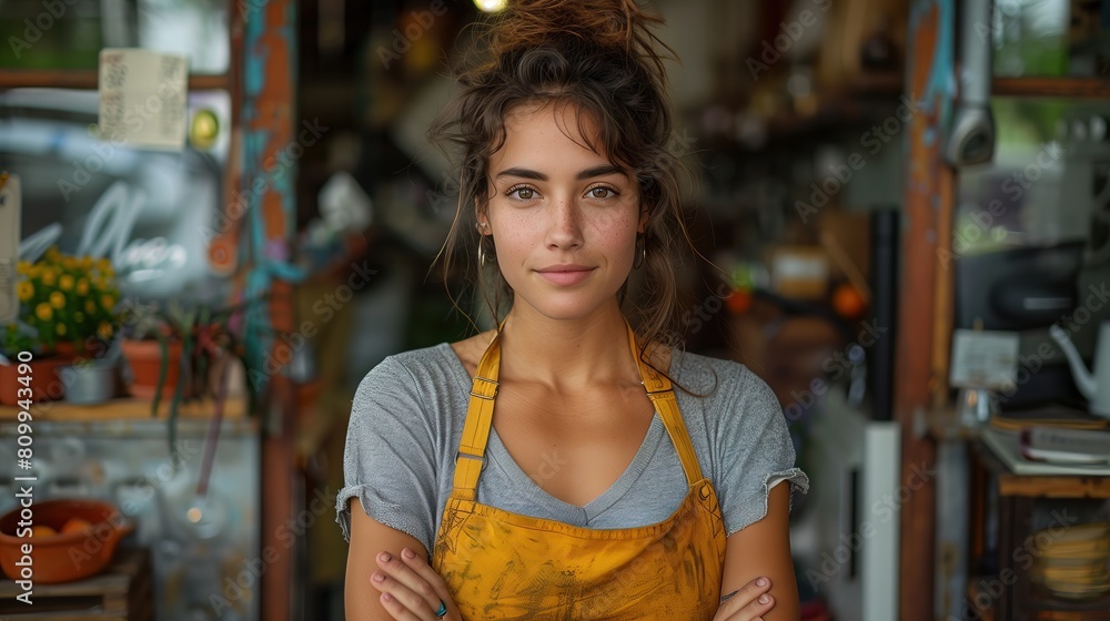 Female artisan, sporting a worn yellow apron,