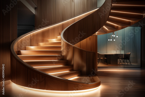 Elegant wooden spiral staircase bathed in soft lighting within a modern interior.