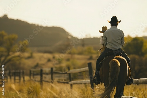 A man and a child are riding a horse in a field,illustrations , Father's day.