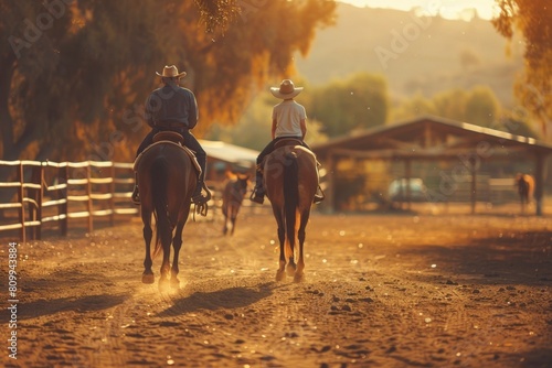 Two people riding horses in a field with a barn in the background,illustrations , Father's day.