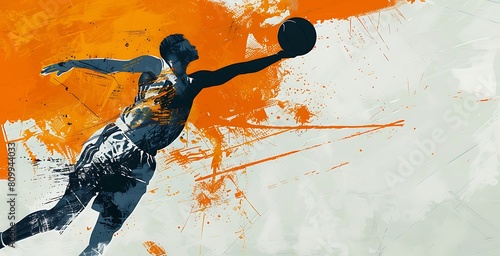 Pop sports illustration art. Watercolor style, a basketball player jumping while holding a basketball with one hand. The background features yellow splatter marks on a white backdrop.