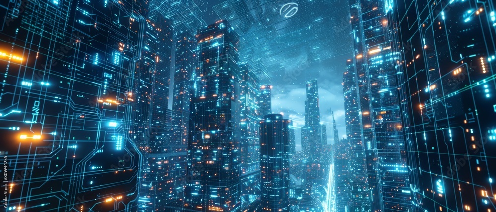 A digital city with blue and orange lights