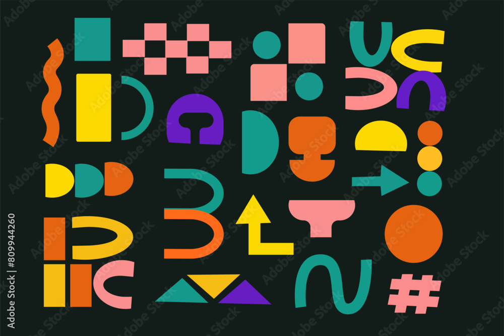 Set of stickers with naive playful abstract shapes. Circle, oval, rectangle, arched in the trendy retro style. Aesthetics background of brutalism. Vector illustration with wavy geometric elements. Set of stickers with naive playful abstract shapes. Circle, oval, rectangle, arched in the trendy retro style. Aesthetics background of brutalism. Vector illustration with wavy geometric elements.
