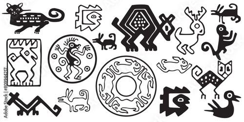 A set of tribal birds, black and white isolated vector. Aztec style Mexican designs photo