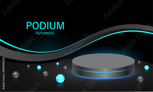 Podium black metallic blue light neon geometric futuristic technology design for product showroom vector