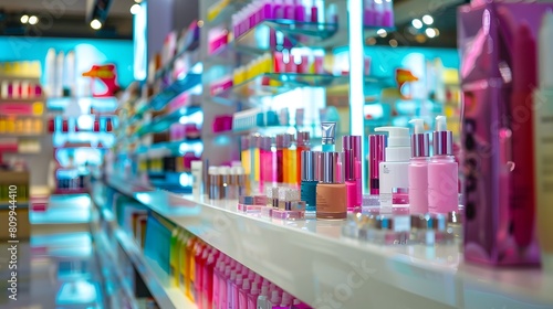 An empty space on a store counter with various colorful cosmetic products arranged around it.