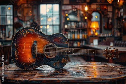 A worn vintage guitar rests on an old wooden table amidst soft ambient lighting, evoking nostalgia and music history photo