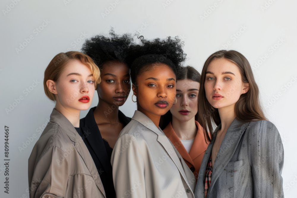 Five diverse women stand together, symbolizing unity and racial diversity, with natural and confident expressions in a neutral setting Five diverse women stand together, symbolizing unity and racial diversity, with natural and confident expressions in a neutral setting