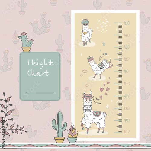 Height chart with cute llamas for nursery. Funny alpaca animal kids ruler. Cute stadiometer for baby room.