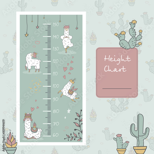 Height chart with cute llamas for nursery. Funny alpaca animal kids ruler. Cute stadiometer for baby room. Various hand drawn funny lama. scandinavian style