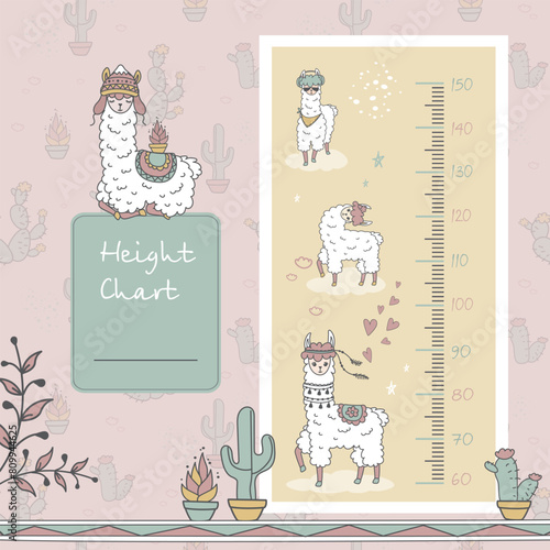 Height chart with cute llamas for nursery. Funny alpaca animal kids ruler. Cute stadiometer for baby room. Various hand drawn funny lama. scandinavian style,