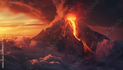 A fiery volcano is spewing lava into the sky, surrounded by a desolate landscape by AI generated image