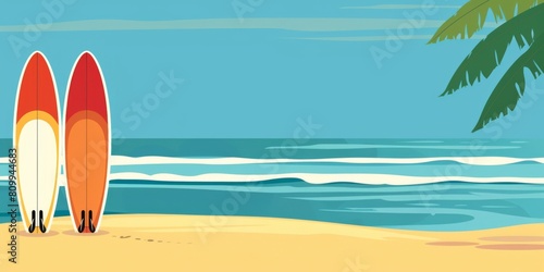 surfboards on the beach with copy space in the side, banner design with blue sea in the background