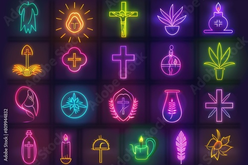 Bright neon religious symbols glowing in the dark, perfect for spiritual concepts or religious events photo