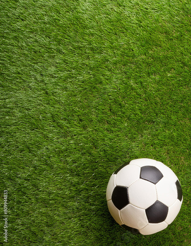 A soccer ball on a green grass field  top view  copyspace on a side