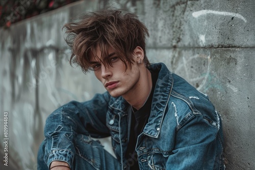 Model in Denim: Youthful Casual Attire for Fashionable Person with Stylish Hair
