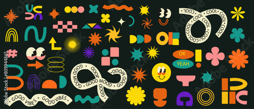 Set of stickers with naive playful abstract shapes. Brutalist set. Circle, oval, rectangle, arched in the trendy retro style. Aesthetics y2k style. Vector illustration with wavy geometric elements.