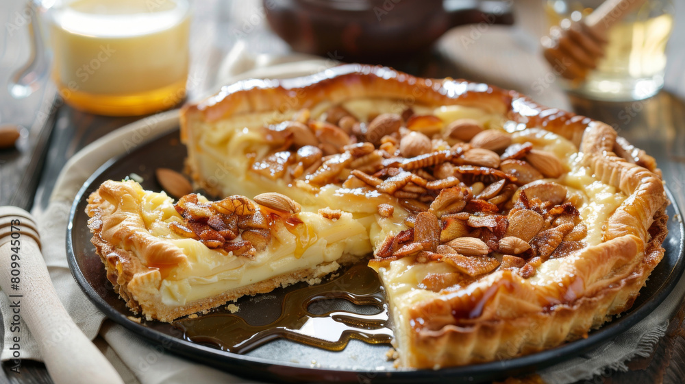Delectable caramel nut tart with golden crust, served on a wooden table with drizzled honey and a glass of milk Delectable caramel nut tart with golden crust, served on a wooden table with drizzled honey and a glass of milk