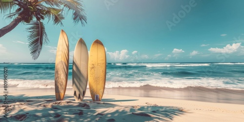 surfboards standing on the beach with copy space in the side  travel poster 
