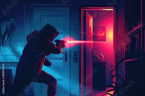 A man in a hoodie holding a laser gun. Suitable for sci-fi or futuristic themed projects photo