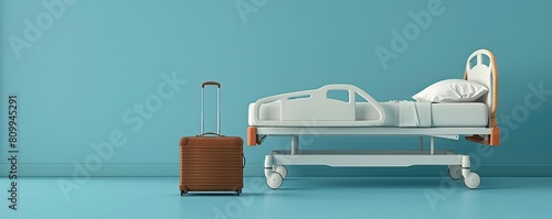 Subtle and elegant icon of a hospital bed and a business suitcase at its foot, portraying medical care and business readiness