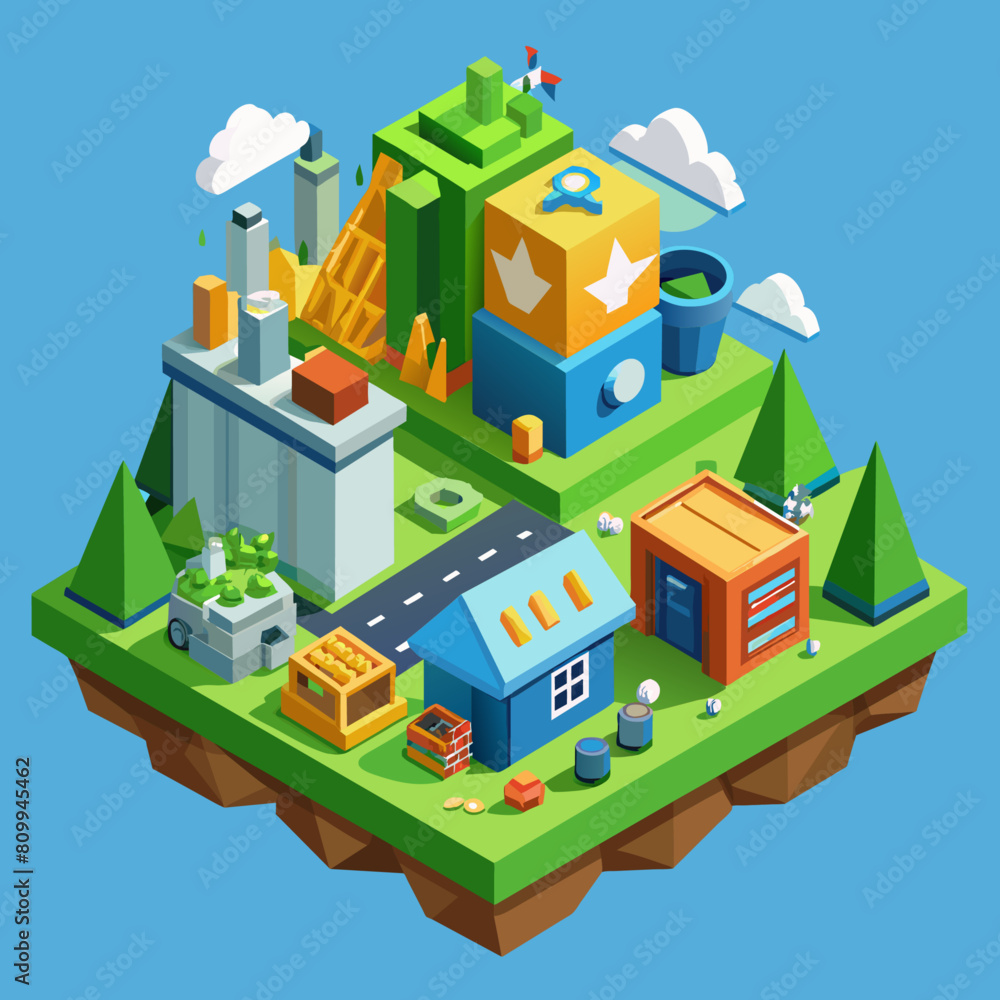 Recycling technology facility. Sorting and processing recyclable materials. Environmental protection. Low poly vector illustration with 3D effect on waste management background.1