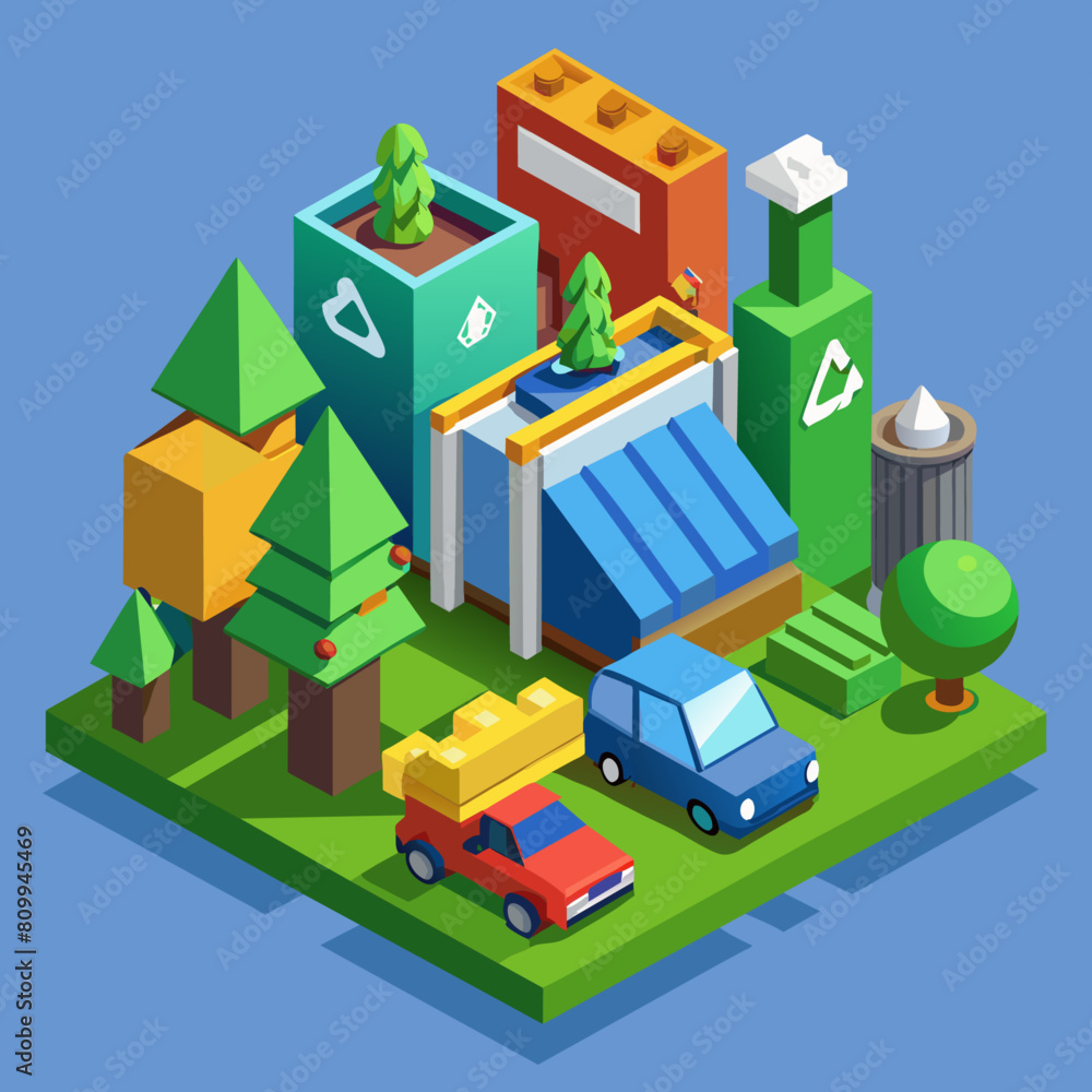Recycling technology facility. Sorting and processing recyclable materials. Environmental protection. Low poly vector illustration with 3D effect on waste management background.