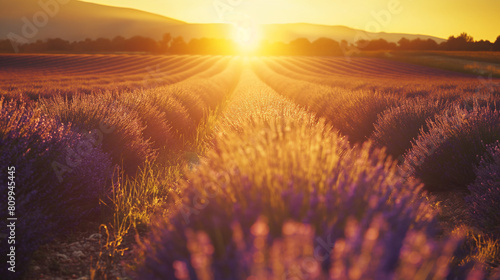 Sunset over Lavender Field in Full Bloom