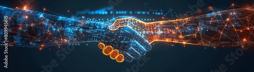 Simple and clear icon of a handshake transformed into digital data transfer, symbolizing digital contracts and agreements in finance photo