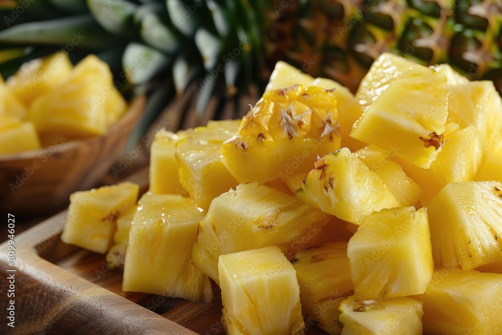 Fresh Pineapple Wedges: A Pile of Raw and Exotic Fruit Pieces from Tropical Pineapple - Closeup Fresh Pineapple Wedges: A Pile of Raw and Exotic Fruit Pieces from Tropical Pineapple - Closeup
