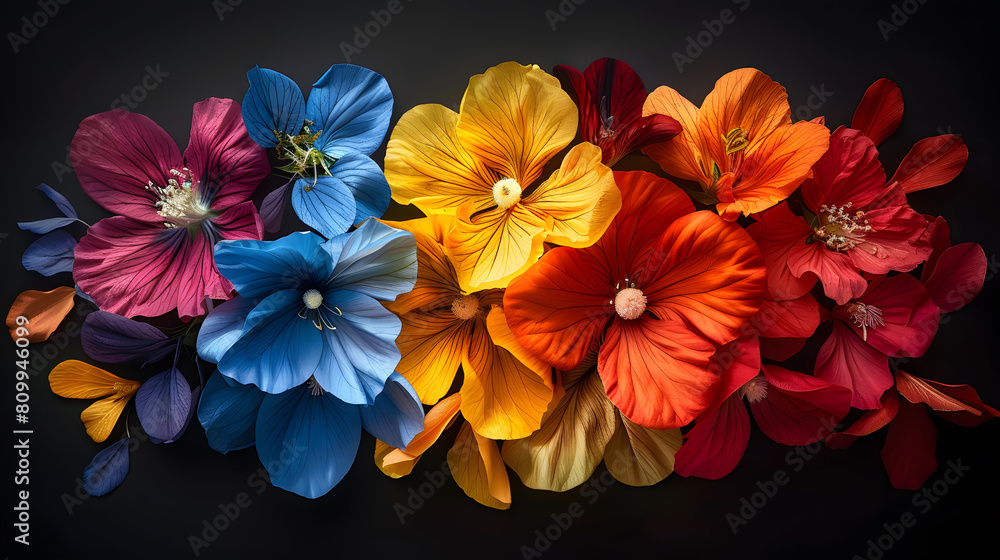 A colorful array of flowers against a dark background A colorful array of flowers against a dark background
