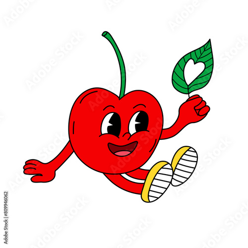 Cherry with leaf with heart shape in hand. Groovy retro mascot character. Summer vector illustration
