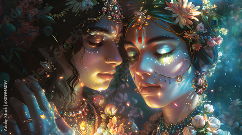 A colorful digital artwork of two ethereal beings with intricate adornments photo